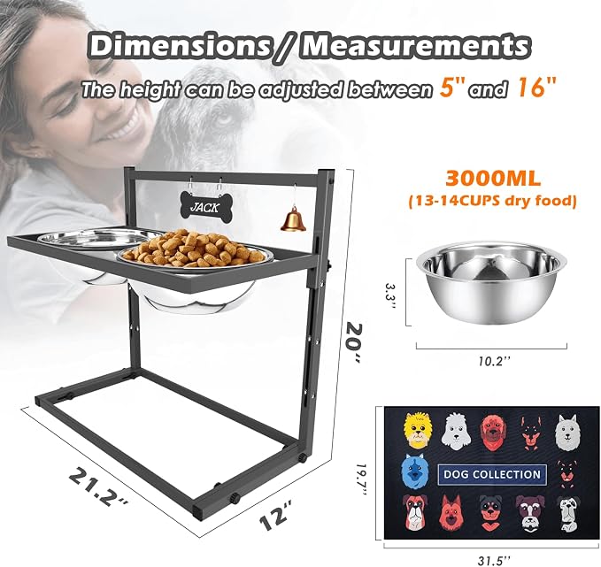SHAINFUN Elevated Dog Bowls for Large Dogs and Extra Large Sized Dog Raised Dog Bowl Stand Adjustable Height with Two 3000ML(13-14cups) Stainless Steel Dog Food Bowls Metal Elevated Dog Bowl Stand - Image 5