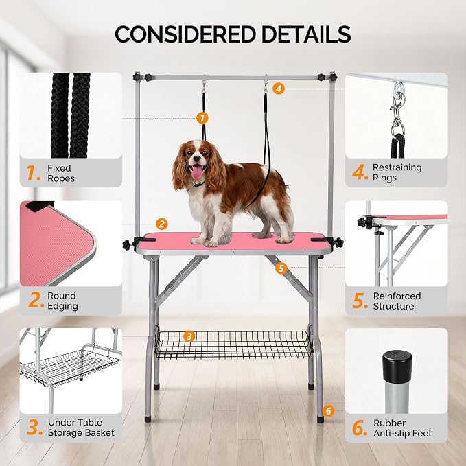 VINGLI Dog Grooming Table, Adjustable Cat Grooming Desktop with Arms and Storage Basket, Pet Grooming Stand at Home (Pink, 36 inch) - Image 7