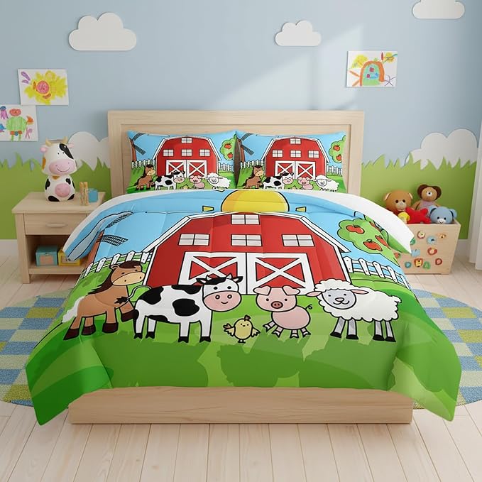 QOOMO Farm Animals Comforter,Farmhouse Comforter Set for Kids Teens Girls Boys,Cartoon Animals 3Pcs Bedding Set Printed Comforter with 2 Pillowcases,Down Alternative,Soft and Lightweight，Queen Size by QOOMOHOME