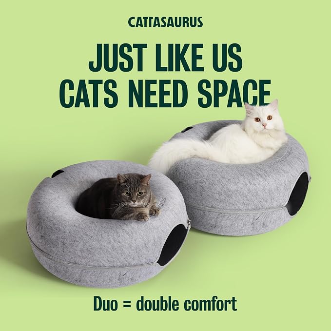 Cattasaurus Peekaboo Cat Cave Donut for Multiple & Large Cats up to 30-45 lbs, 3-in-1 Self Warming Cat Bed, Tunnel & Scratcher for Indoor Cats, Washable & Detachable (Light Gray + Light Gray, Large) - Image 5