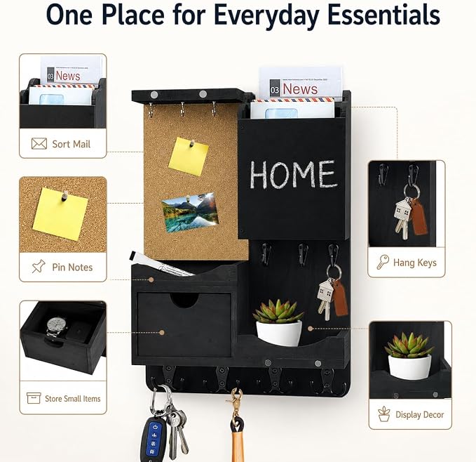 Key Holder Wall Mount, Mail Organizer Key Holder for Wall with Shelf, Drawer, Chalkboard, Corkboard, Home Decor Mounted for Room Entryway (Black) - Image 6