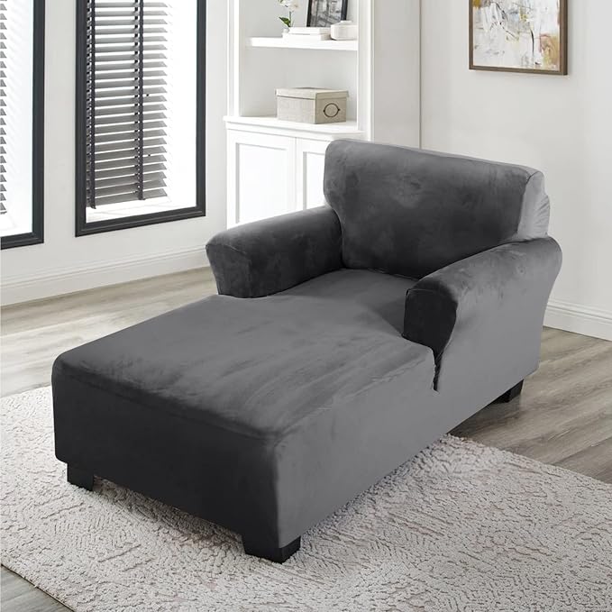 FantasDecor Velvet Chaise Lounge Cover Stretch Double Arm Chair Slipcover for Living Room Bedroom Soft Plush Fabric Machine Washable, Grey - Image 3