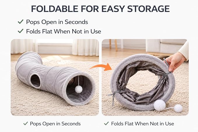 Cat Tunnel for Indoor Cats, Collapsible Cat Play Tunnel Toy | S-Shaped Tunnel, Peephole & Hanging Ball, Foldable Storage, 10.2" Opening for Kittens and Indoor Cats - Image 4