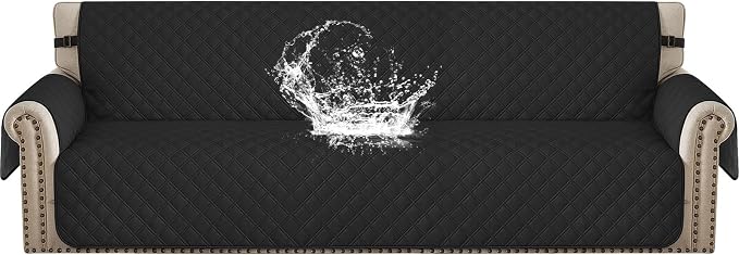 Waterproof Couch Cover for Pets Large, Sofa Covers for 3 Cushion Couch Washable, Non Slip Couch Covers for Dogs with Side Pockets, Quilted Couch Covers (Oversized Sofa, Black) by CYCMACOHOME