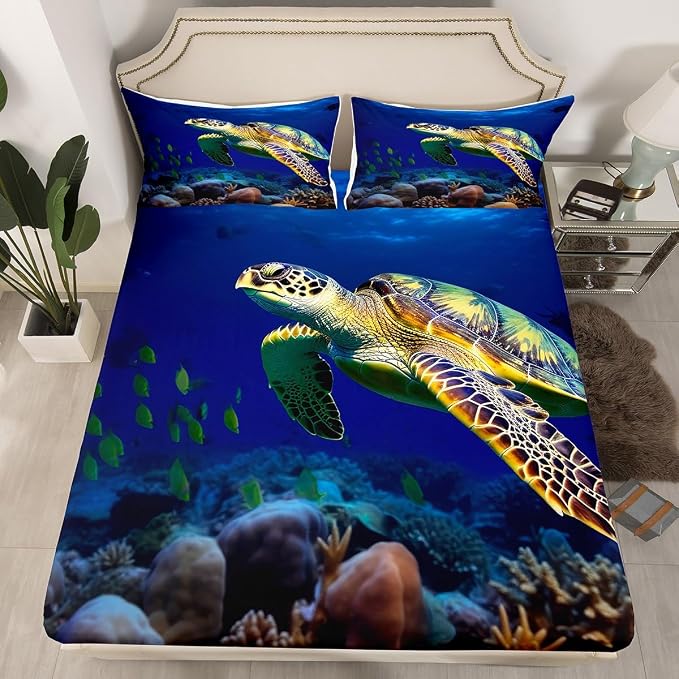 Erosebridal 3D Sea Turtle Bedding Set Blue King for Boys Kids Girl Ocean Beach Themed 4 Piece Sheet Set Children Teens Retro Tortoise Fitted Sheet Hawaiin Turtle Fish Print Flat Sheet for All Seasons - Image 2
