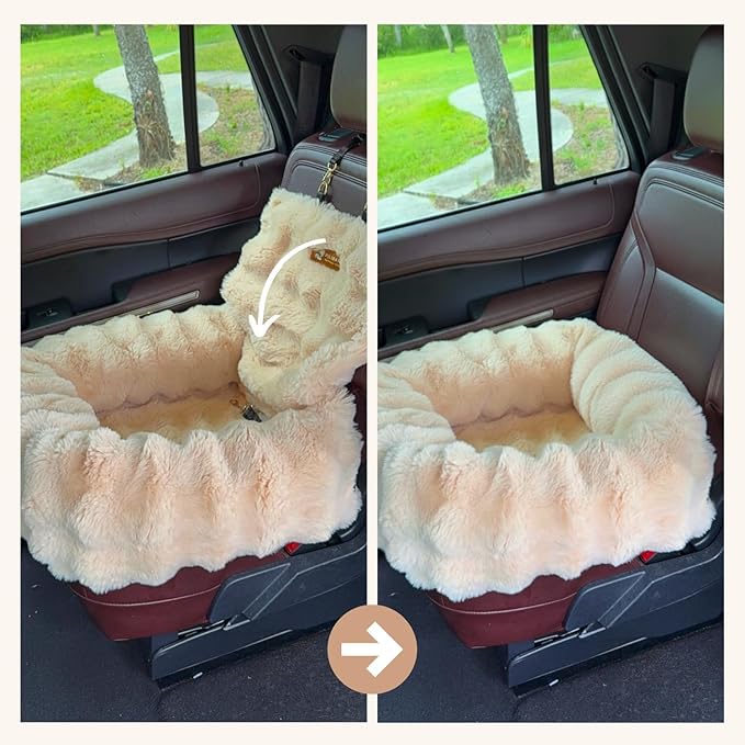 Pelsbarn Luxurious Cozy Car Bed - M/L Luxury Travel Dog Bed with Safety Belt - Ultra Soft Faux Fur - Beige