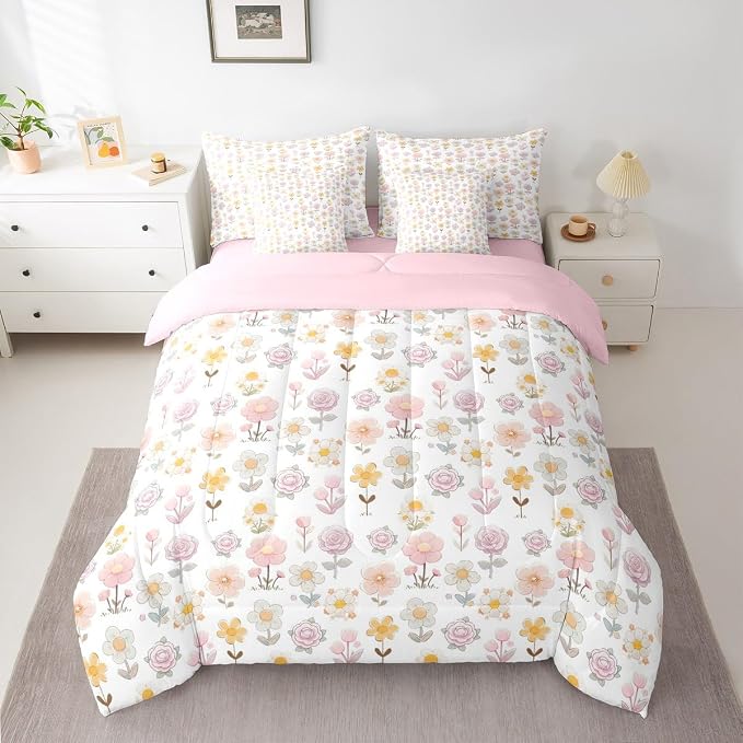 Feelyou Cute Flower 7 Piece Bedding Set Yellow Pink Floral Comforter Set with Sheets for Kids Boys Girls Romantic Blossom Bed in a Bag Cartoon Style Bed Set Soft Lightweight - Image 2