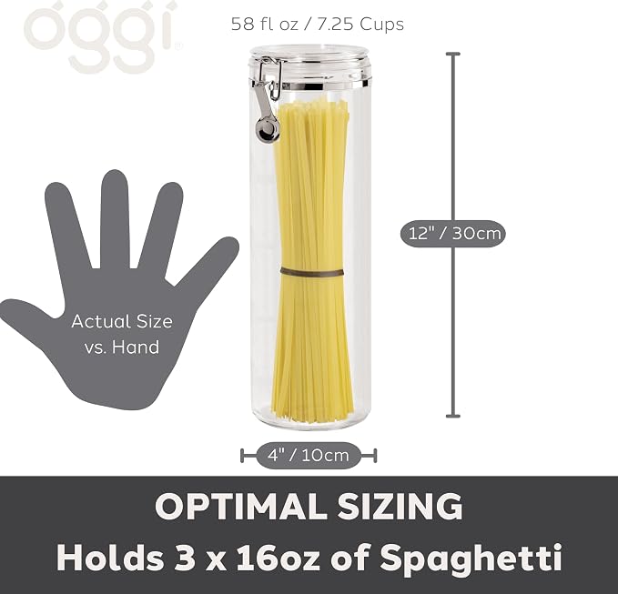 Oggi Tall Clear Canister with Clamp Lid, 58 oz - Large Airtight Food Storage Container, Ideal for Kitchen & Pantry Storage of Bulk, Dry Foods Including Pasta & Spaghetti - Image 5