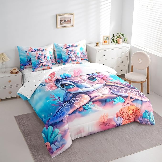 Erosebridal Kids Cute Turtle 7-Piece Bedding Set King Size, Ocean Life Tortoise Bed in A Bag, Underwater World Sea Animal Comforter Set with Sheets, Watercolour Coral Bedding Comforter Sets - Image 2