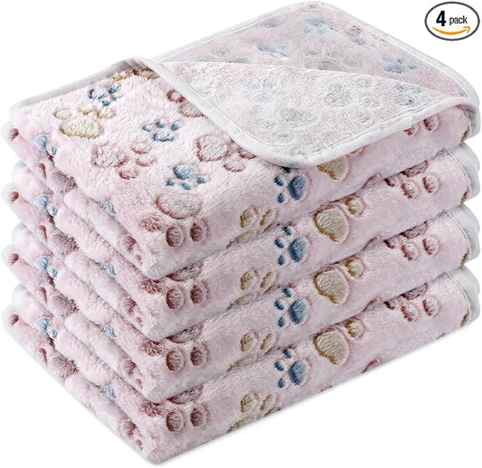 Tatuo 4 Pack Fleece Dog Blankets for Puppy Cats Multi-Size Sleep Mat for Pet Guinea Pig Soft Washable Warm Crate Bed Puppy Teething Toys Print Pattern Blanket Indoor(Beige,41 x 30 Inch,Paw) by Tatuo