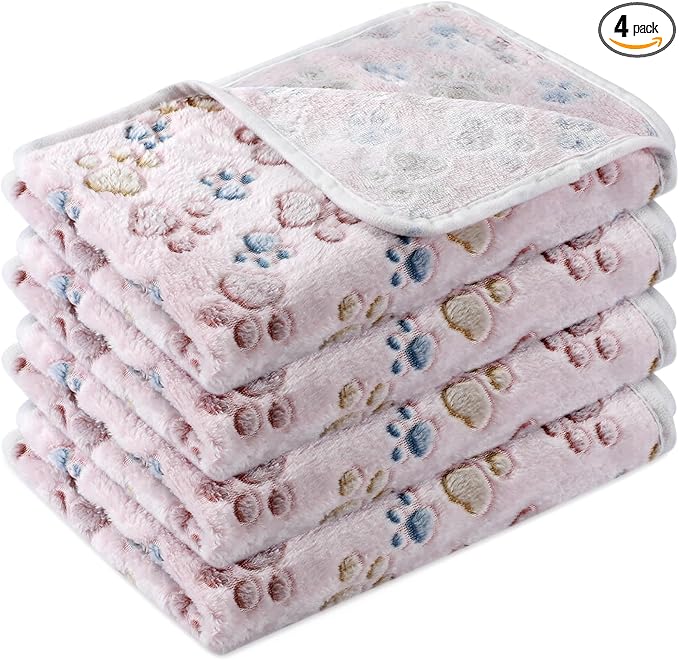 Tatuo 4 Pack Fleece Dog Blankets for Puppy Cats Multi-Size Sleep Mat for Pet Guinea Pig Soft Washable Warm Crate Bed Puppy Teething Toys Print Pattern Blanket Indoor(Beige,30 x 20.5 Inch,Paw) by Tatuo