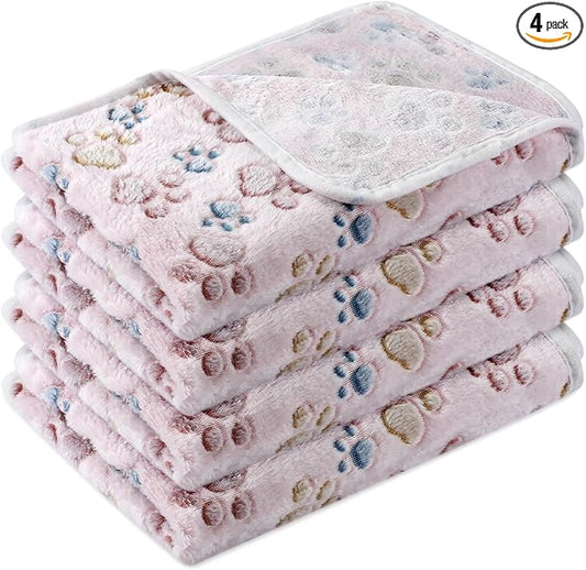 Tatuo 4 Pack Fleece Dog Blankets for Puppy Cats Multi-Size Sleep Mat for Pet Guinea Pig Soft Washable Warm Crate Bed Puppy Teething Toys Print Pattern Blanket Indoor(Beige,30 x 20.5 Inch,Paw) by Tatuo