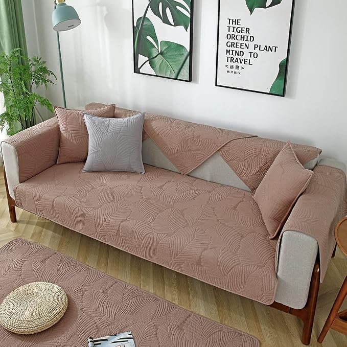 Solid Color Leaf Cotton Quilted Sofa Covers Anti-Slip Soft Sectional Couch Cover Washable Sofa Slipcover for Dogs Cats Pet (Coffee,36''x47'') - Image 3