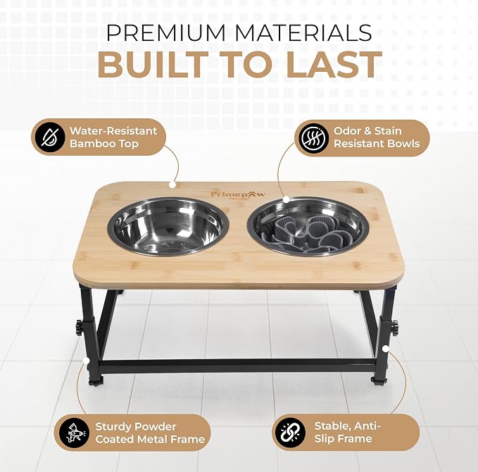 Adjustable Raised Dog Bowls – Elevated Dog Bowl Stand with Bamboo Stand, 2 Stainless Steel Bowls, Slow Feeder Insert & Silicone Mat – Dog Bowls with Stand for Small & Medium Dogs - Image 7