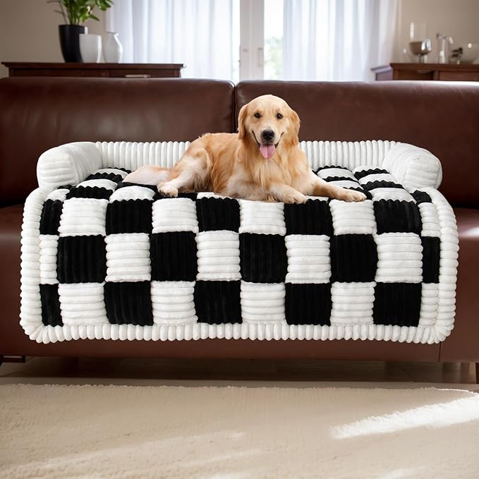 TOPCHANCES Dog Couch Covers, Thickened Quilted Plaid Funny Fuzzy Pet Sofa Mat Dog Cover Protector for Large Dogs (Black, 30x30 inch) by TOPCHANCES