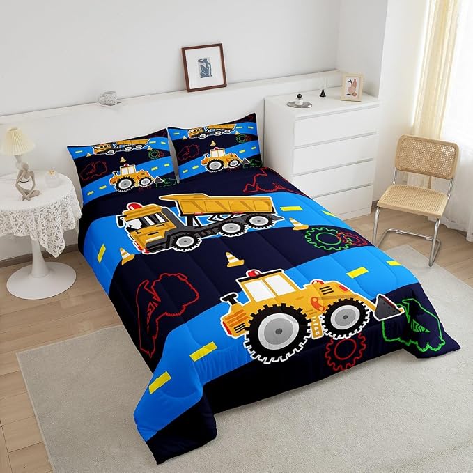 Kids Excavator Construction Vehicle Bedding Set - King Size, Cartoon Trucks & Machinery, Bulldozer, Tractor, Colorful - Image 3