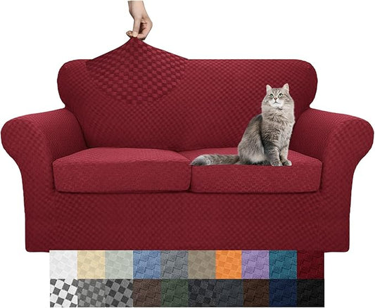 YEMYHOM Latest Checkered 3 Pieces Couch Covers for 2 Cushion Couch High Stretch Thickened Love Seat Sofa Cover for Dogs Pets Anti Slip Elastic Loveseat Slipcover (Wine Red), 55"-69"(2 Cushions) by YEMYHOM