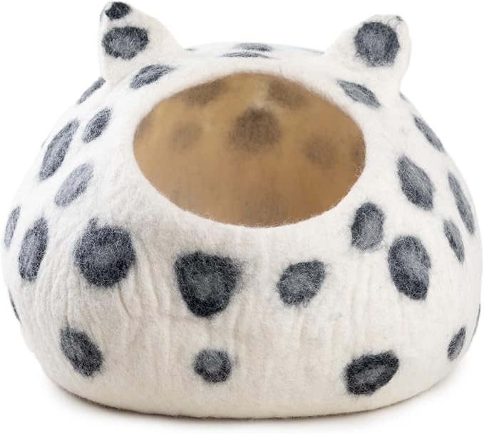 Wool Cat Cave Bed - Extra Warm, Handcrafted, Eco-Friendly Felt Cat Cave for Indoor Cats and Kittens (White Polka) by Woolygon - Image 6