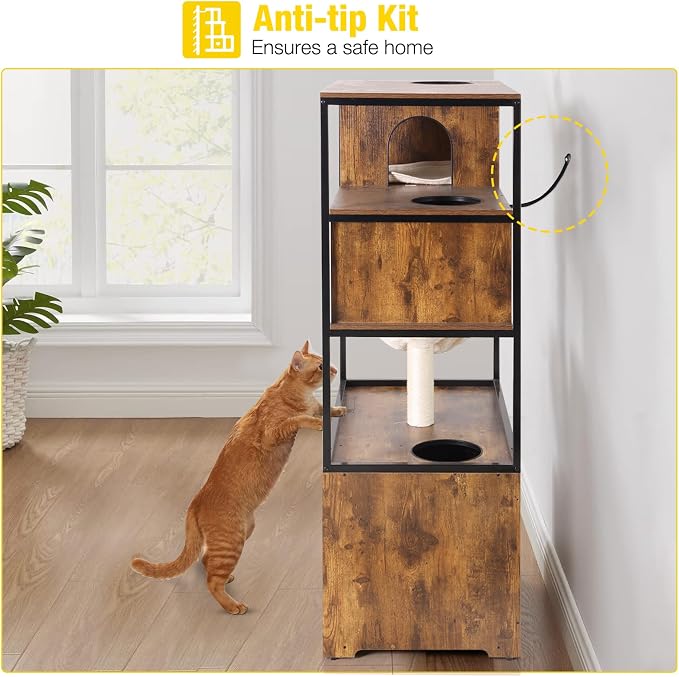 Aivituvin Cat Litter Box Enclosure, Litter Box Furniture Hidden, Wooden Cat Washroom Furniture, Indoor Cats House with Condo, Hammock, Scratching Mat and Storage Shelves - Image 6