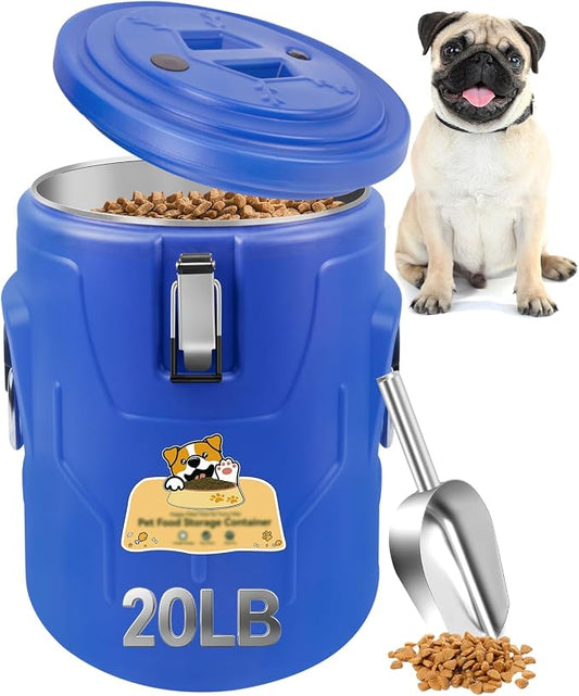 Newget 20lb Dog Food Storage Container, Stainless Steel Airtight Pet Food Storage Container and Durable Plastic Food Container, Large Metal Cat Food Container with Lid and Scoop to Keep Fresh by Newget