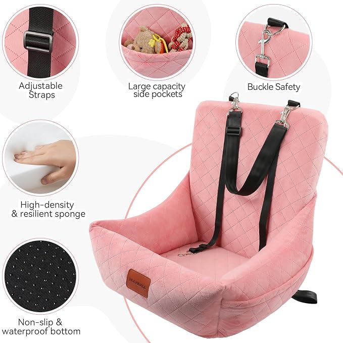WOOAIDAGG Dog Car Seat for Small Dogs Up to 25lbs,Soft Washable Fabric Fill in Memory Foam,Easy to Assemble with 2 Clip-On Safety Leashes and Storage Pockets,Front or Back Seat are Both OK (Pink) - Image 3