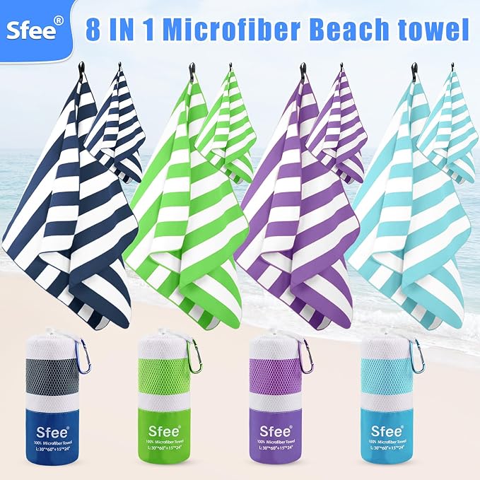 Sfee 4 Pack(8Pcs) Microfiber Travel Towel, Beach Towel Quick Dry Towel Camping Towel Super Absorbent Compact Lightweight Sports Gym Towels for Beach, Gym, Hiking, Pool, Backpacking, Bath, Yoga - Image 2
