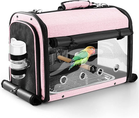 Bird Carrier Bag with Stand, Lightweight Backpack for Parrot, Portable Cockatiel Travel Cage with Accessories, Pet Transparent Breathable Carrier, Pink by Suertree