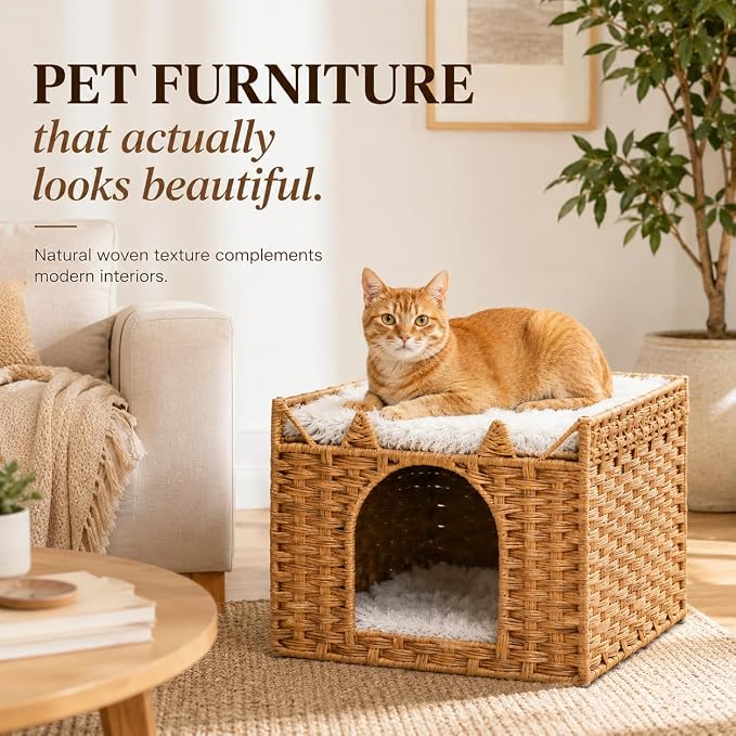 Cat Bed with Ears - Handwoven Rattan Cat Cave House for Indoor Kittens, Foldable Hideaway with 2 Removable Cushions, 16.5x16.5x13.2 Inch Natural Pet Cube for Living Room/Bedroom Natural - Image 4