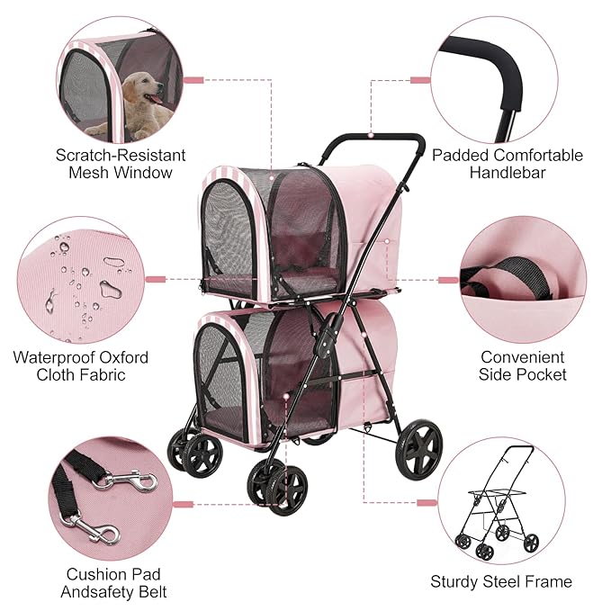 Double Pet Stroller for Dogs and Cats with 2 Detachable Carrier, Quick-Folding Dog Stroller for Medium Small Dogs Cats, 4 Wheels, Light Pink