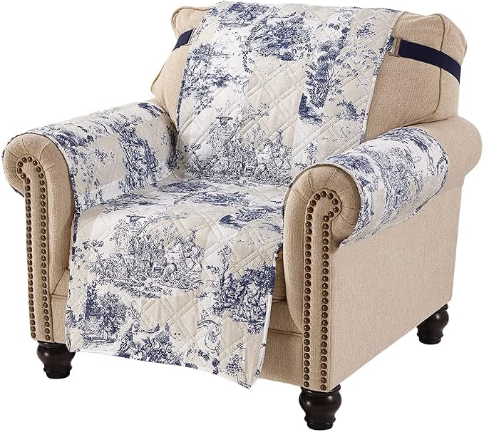 Brilliant Sunshine Blue Toile Couch Armchair Cover, Beige Ivory, 23" seat | Non Slip Sofa Cover, Quilted Furniture Protector, Washable Chair Slipcover for Pets, Dogs & Cats - Image 3