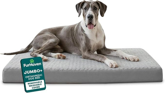 FurHaven Orthopedic Dog Bed for Large Dogs, Mattress Style Bed, Egg Crate with a solid Orthopedic Foam Base for Joint Support, Washable Cover, Jumbo Plus XXL, Plush Faux Fur & Suede, Gray by FurHaven