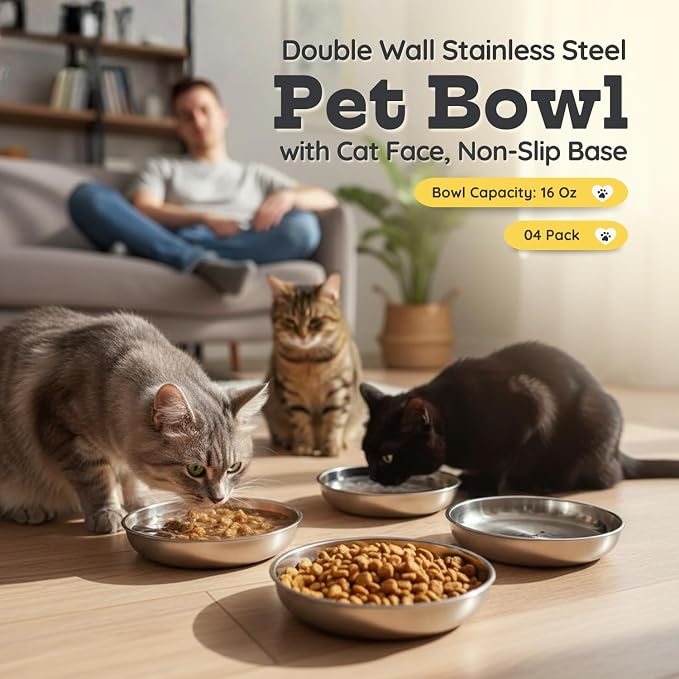 Stainless Steel Cat Food Bowl, 16 oz / 2 Cup Each, Heavy Duty Double Wall Insulated, Shallow Whisker-Friendly Design, Non-Slip Flat Base Dish for Cats & Kittens, D/W Safe (Pack of 4) - Image 7