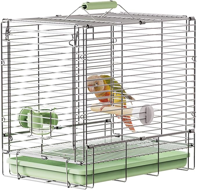 Bird Carrier Travel Cage - 304 Stainless Steel Portable Folding Bird Travel Cage with Parrot Feeder Cups & Standing Perch for Smaller Birds Conures Lovebird Cockatiel Parakeets (Green) by YOOSOWING