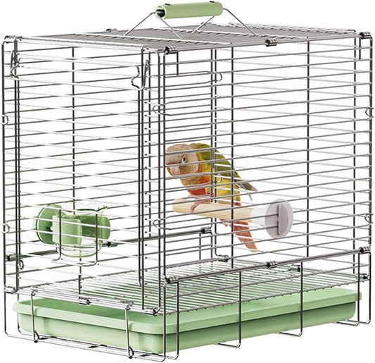 Bird Carrier Travel Cage - 304 Stainless Steel Portable Folding Bird Travel Cage with Parrot Feeder Cups & Standing Perch for Smaller Birds Conures Lovebird Cockatiel Parakeets (Green) by YOOSOWING