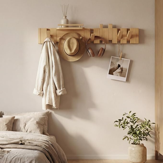 Mid Century Modern Wood Coat Rack Wall Mount with Shelf, 9 Hooks, Natural | Wood and metal wall rack with fold-down piano-key hooks and display shelf organizes coats, bags, keys and decor up to 25 lb. - Image 4
