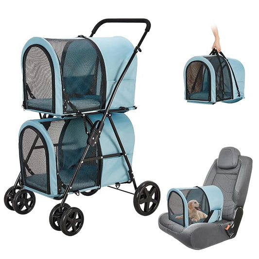 Double Pet Stroller for Dogs and Cats with 2 Detachable Carrier, Quick-Folding Dog Stroller for Medium Small Dogs Cats, 4 Wheels, Light Blue