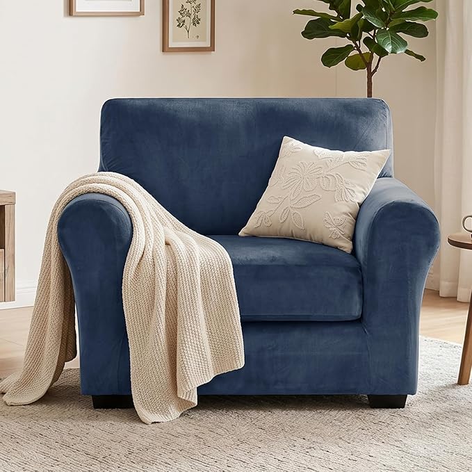 XINEAGE 2-Piece Velvet Armchair Sofa Cover, Couch Covers for Dog,Navy Blue | 1 Cushion Chair,Stretch Non-slip Elastic, Pet-friendly, Washable, Fast Setup, Soft Plush Fabric, Furniture Protector. - Image 4