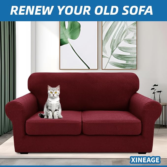 XINEAGE 2026 New 3 Pieces Couch Covers for 2 Cushion Sofa Super Stretch Loveseat Slipcover Pet Dog Universal Slip Cover Anti Slip Love Seat Furniture Protector (Wine Red, 55"-69") - Image 4