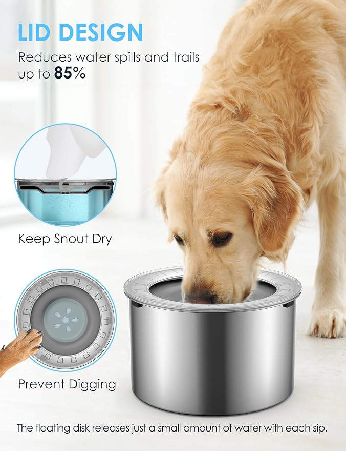 Heouvo 2.6 Gallon No Spill Dog Water Bowl with Slow Drink Floating Disk | Splash-Proof Lid + Stainless Steel Bowl/Rubber Bottom/Slobber Stopper Water Bowl for Large Sloppy Messy Drinkers Reduce Mess - Image 2