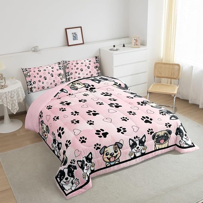 Manfei Cute Dog Paw Comforter Set,Cartoon Puppy Pet Animal Lover Bedding Set for Teens Adults Room,Dogs Footprint Love Hearts Kawaii Pink Quilt Set 3 Pcs with 2 Pillowcases,Queen - Image 4