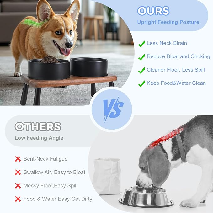 SPUNKYJUNKY Ceramic Elevated Dog Bowls Raised with Acacia Bamboo Wooden Stand, 6.1'' Dog and Cat Food Water Bowls Set Non-Slip for Small Medium Sized Breed Microwave Dishwasher Safe - 28.7 OZ,Black - Image 3