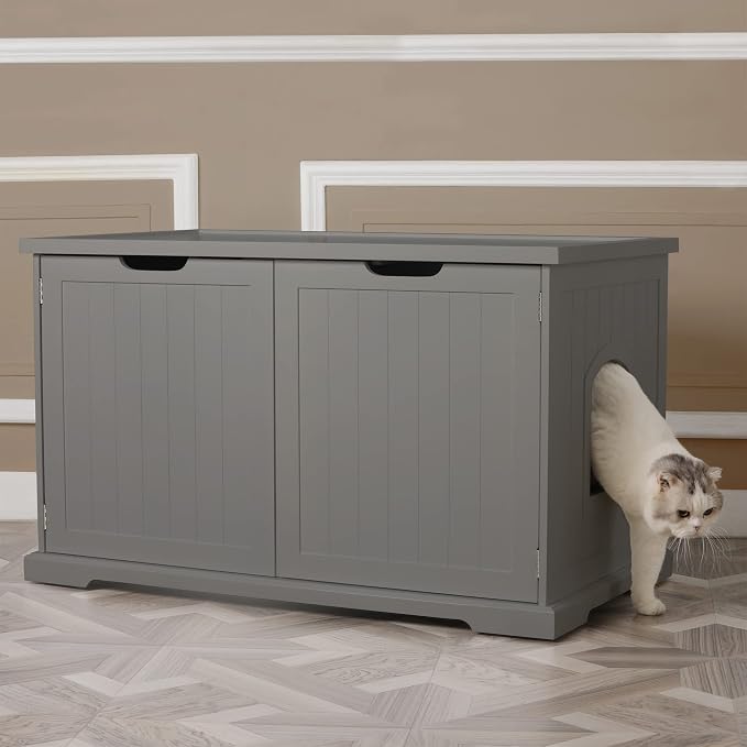 Merry Products Adjustable Pet Cat Washroom Storage Bench Furniture with Removable Partition Wall for All Size Litter Boxes, Gray - Image 4