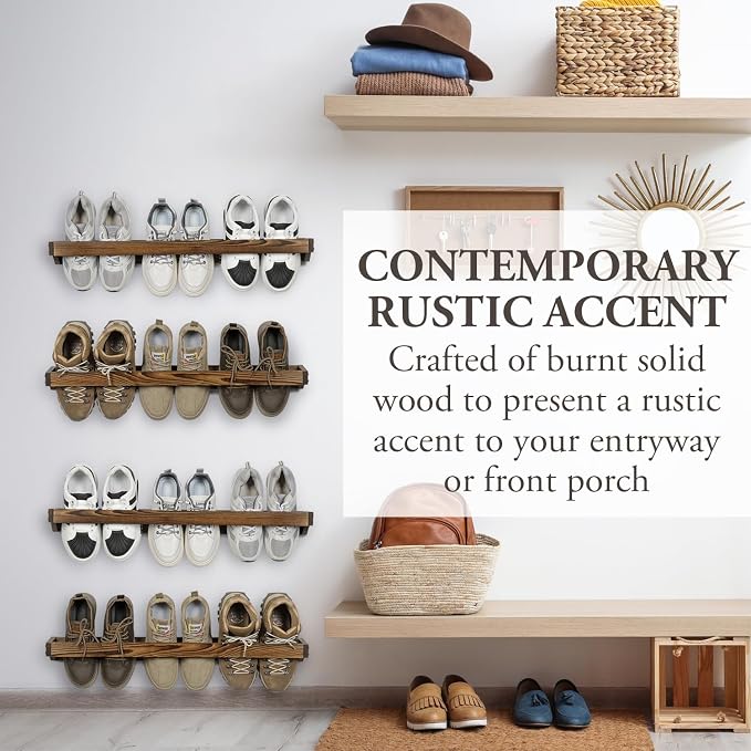 MyGift 30 Inch Rustic Burnt Wood Wall Shoe Rack Set of 4 Holds 12 Pairs | Solid Wood Construction, Vertical Space Saver, Four Piece Configuration, Quick Access Design, Organized Entry Solution - Image 3