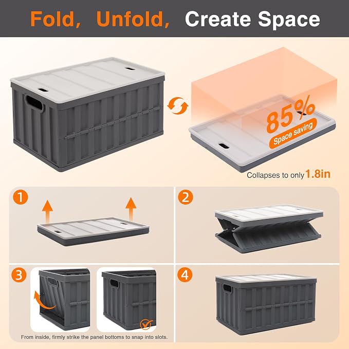 Citylife 64L Collapsible Storage Bins with Lids Plastic Storage Containers for Organizing Stackable Storage Box Large Heavy Duty Utility Crates, 4 Packs - Image 5