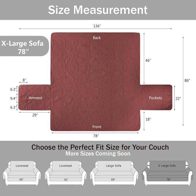 Soft Quilted Couch Cover with Pockets for Extra-Large Sofa, Anti-Slip Sofa Covers Washable for 3 Cushion Pet Friendly, Oversized Sofa Cover Water-Repellent (X-Large Sofa 78", Red) - Image 7