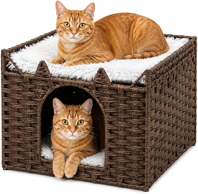 Cat Bed with Ears - Handwoven Rattan Cat Cave House for Indoor Kittens, Foldable Hideaway with 2 Removable Cushions, 16.5x16.5x13.2 Inch Natural Pet Cube for Living Room/Bedroom Brown by MAKEPETLUCKY-WelcometoCatTunnelClub