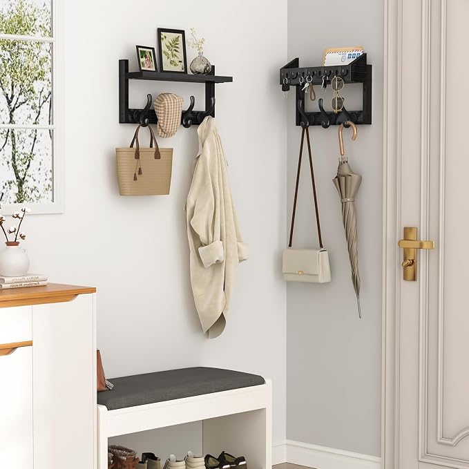 Evermagin 29" Coat Rack Wall Mount with Shelf for Entryway, Black | Wall Mounted Coat and Key Rack with Hooks, Key Holder with Mail Organizer for Wall, Living Room, Mudroom, Bedroom - Image 2