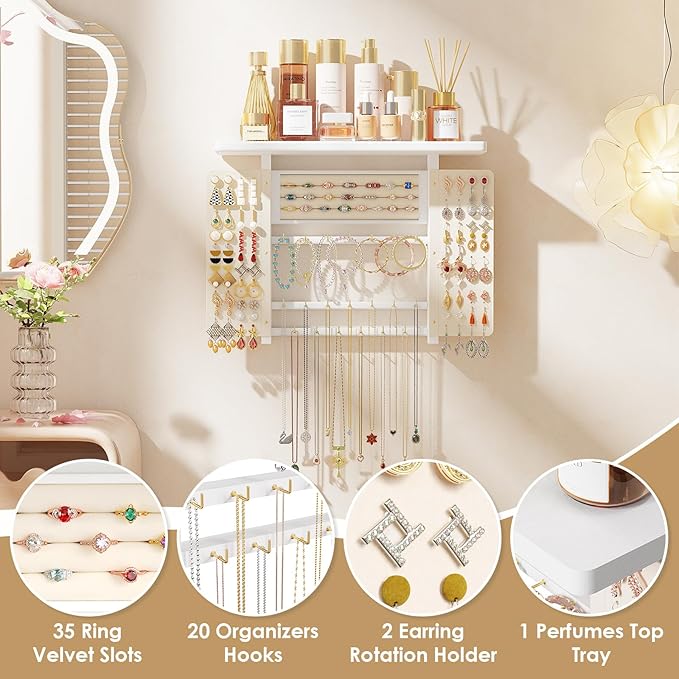 Emfogo Jewelry Organizer Hanging Wall Mounted Jewelry Holder, 5-in-1 Large Capacity Necklace Organizer Wall Hanging Jewelry Display for Ring, Necklaces, Bracelets, Earrings (White) - Image 3