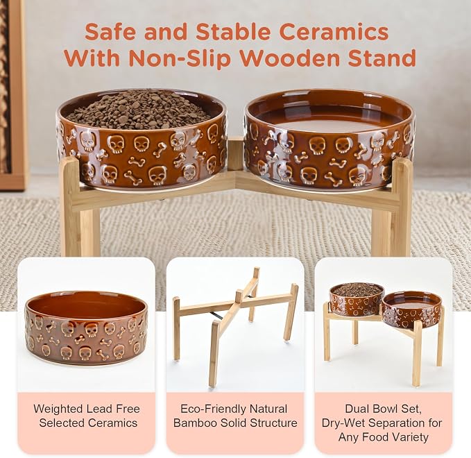 SPUNKYJUNKY Elevated Dog Bowls Ceramic, 8.3'' Dogs Food Water Bowls Raised with Non-Slip Bamboo Stand for Large Sized Breed Microwave Dishwasher Safe - 60 OZ,Skull Bronze - Image 5