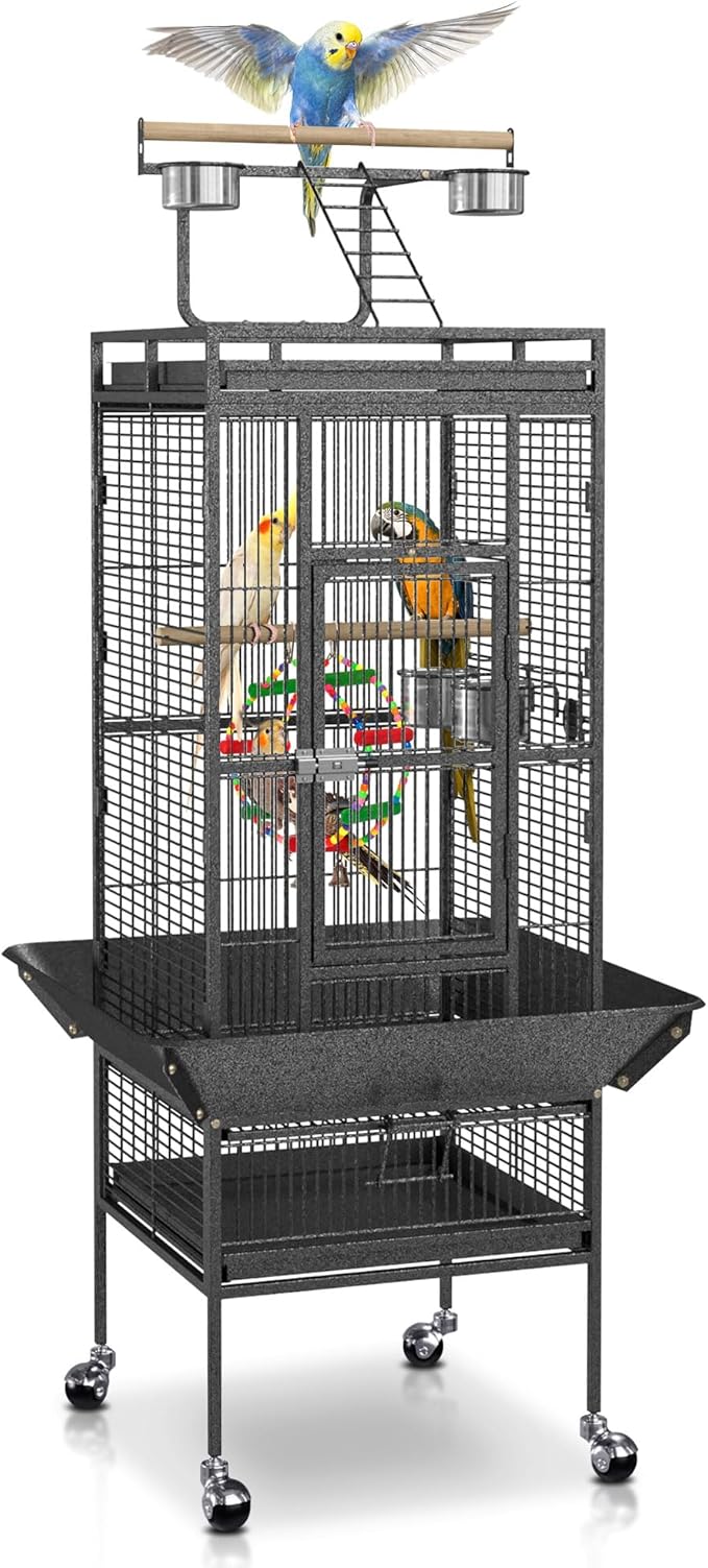 SUPER DEAL PRO 61-inch 2in1 Large Bird Cage with Rolling Stand Playtop Parrot Chinchilla Finch Cage Macaw Conure Cockatiel Cockatoo Pet House Wrought Iron Birdcage, Black by Superdeal